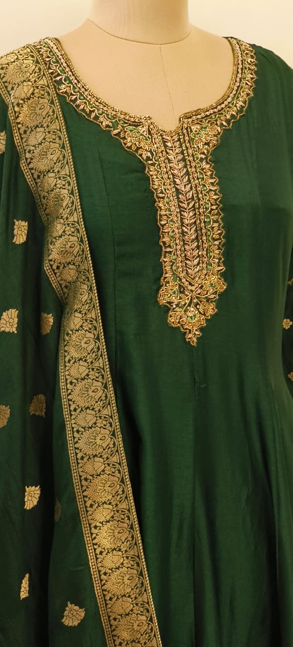 Designer Silk Panel Anarkali Gown with Brocade Detailing and Golden Embroidery Full Suit Set-10904,12274,12273