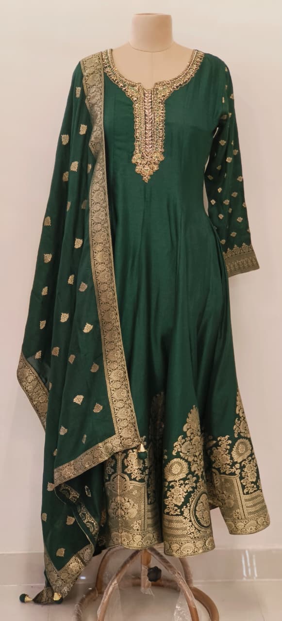 Designer Silk Panel Anarkali Gown with Brocade Detailing and Golden Embroidery Full Suit Set-10904,12274,12273