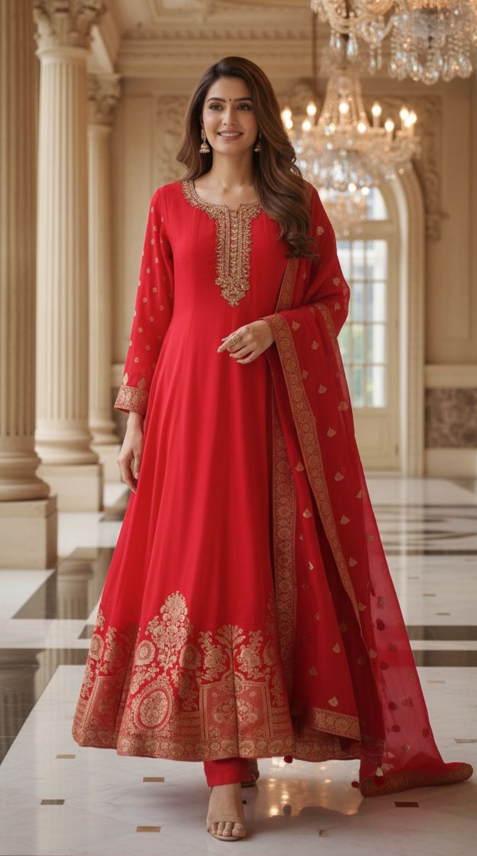 Designer Silk Panel Anarkali Gown with Brocade Detailing and Golden Embroidery Full Suit Set-10904,12274,12273