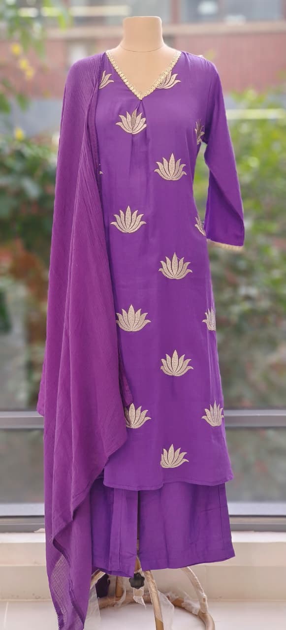 Premium Mall Cotton Kurta Pant Set with Intricate Embroidery and Matching Kota Doria Dupatta-12332,1233