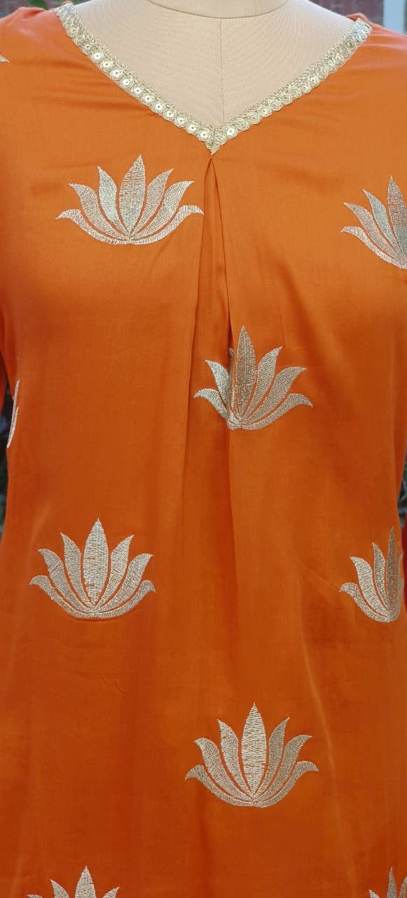 Premium Mall Cotton Kurta Pant Set with Intricate Embroidery and Matching Kota Doria Dupatta-12332,1233