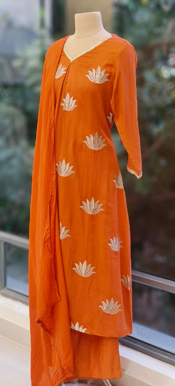 Premium Mall Cotton Kurta Pant Set with Intricate Embroidery and Matching Kota Doria Dupatta-12332,1233