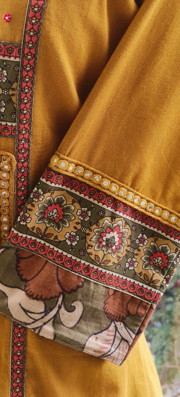 Luxury Flex Cotton Kurta Embroidered Patterns and Embellishments Full Suit Set with Kalamkari Dupatta-12283