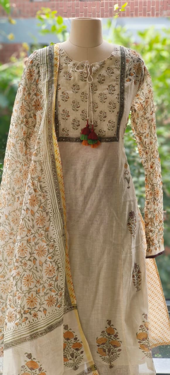 Premium Chanderi Cotton Anarkali with All-Over Traditional Print and kalamkari bottom and dupatta-12281