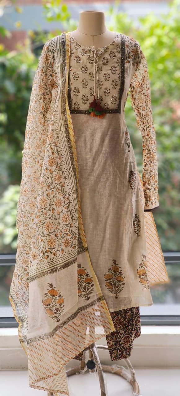 Premium Chanderi Cotton Anarkali with All-Over Traditional Print and kalamkari bottom and dupatta-12281