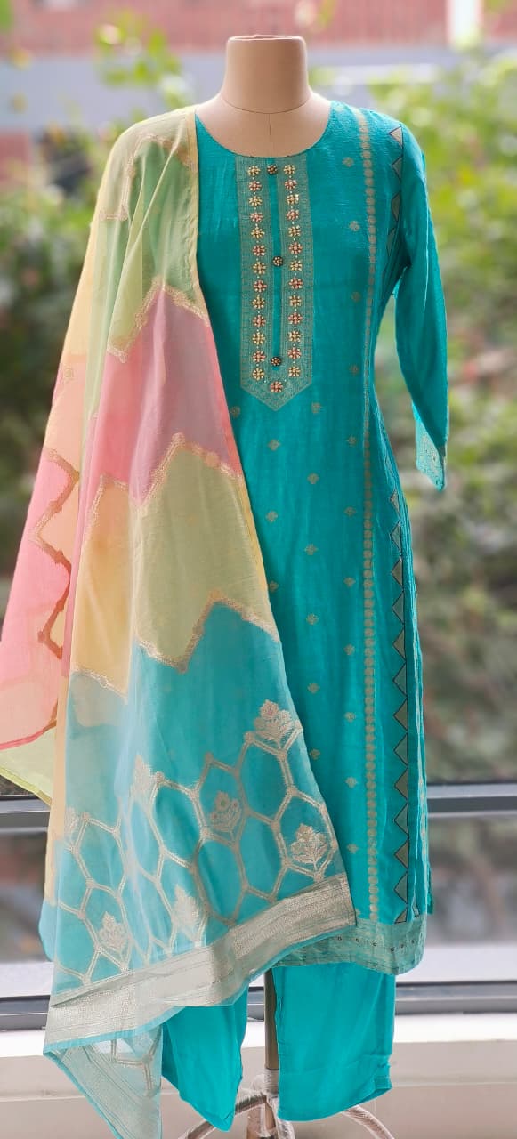 Pure Chanderi Silk Straight Kurta Set with Embroidery & Matching Colourful Dupatta Bottom-12282