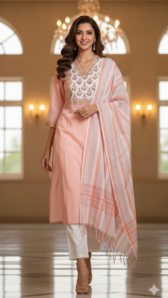 Block Print Yoke V Neck Premium Handloom Cotton Kurta With Bottom Full Set with Dupatta-12291,12293