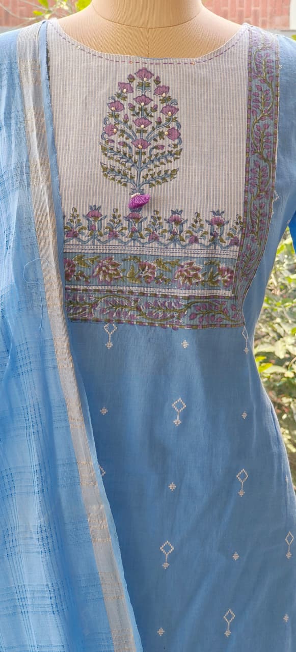 Embroidered Printed Yoke Premium Handloom Cotton Kurta Pant FullSet with Dupatta-12290,12289