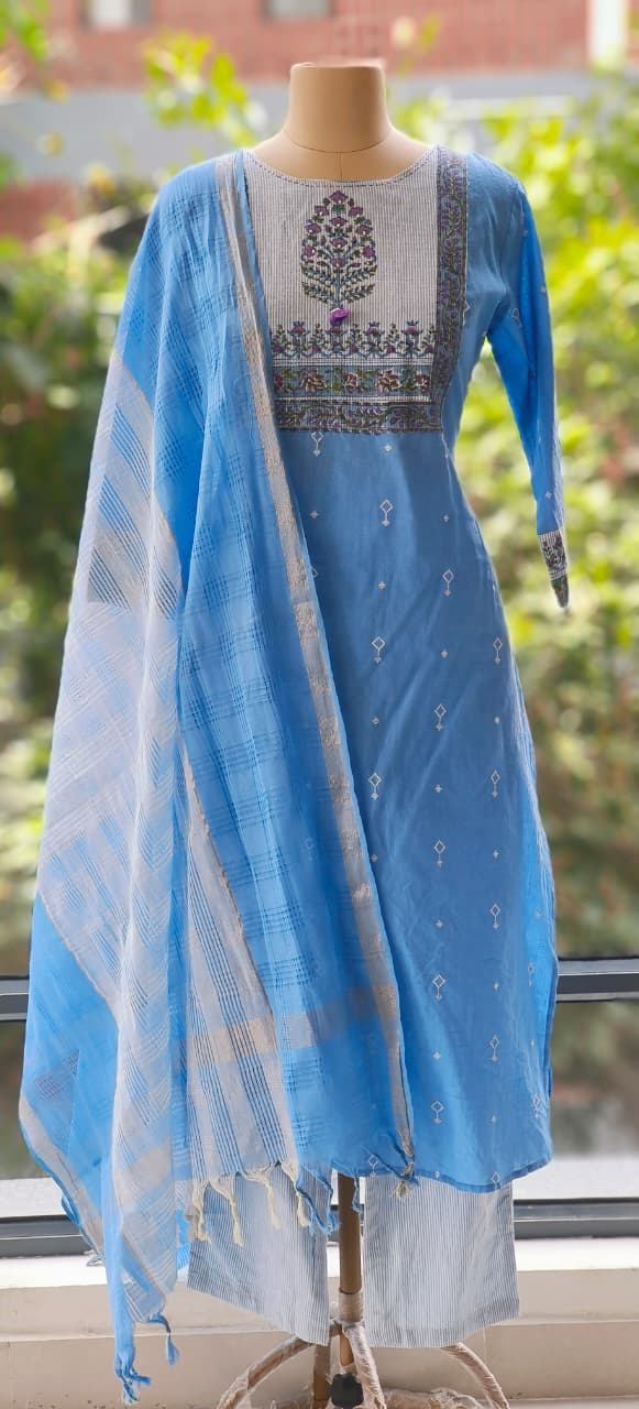 Embroidered Printed Yoke Premium Handloom Cotton Kurta Pant FullSet with Dupatta-12290,12289