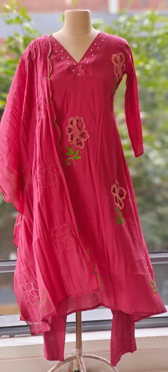 Surat Mul Chanderi Beautiful Cut Work V Neck Kurta with Bottom and Dupatta-12306,12305