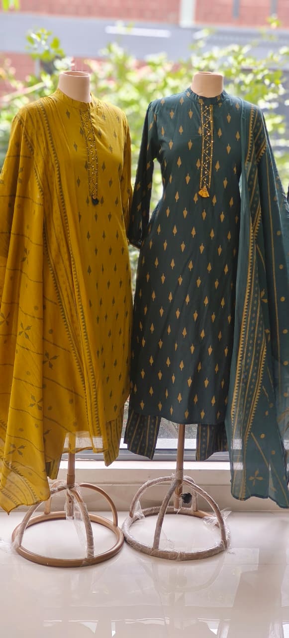 Handcrafted Cotton Kurta Set with Subtle Golden Motif Weave and Tassel Accents Full Suit Set-12326,12327