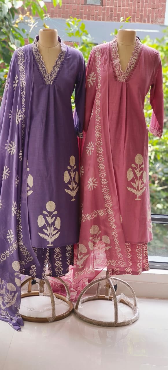 Aline Slight Elegant Cotton Embroidered Kurta Set with Lace Detailing on Neck and Sleeves-12244,12245,12246