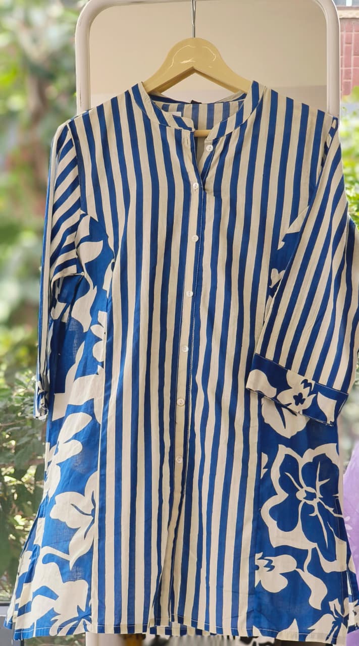 Pure Cotton Stripe with Floral Print Short Kurta-12323,
