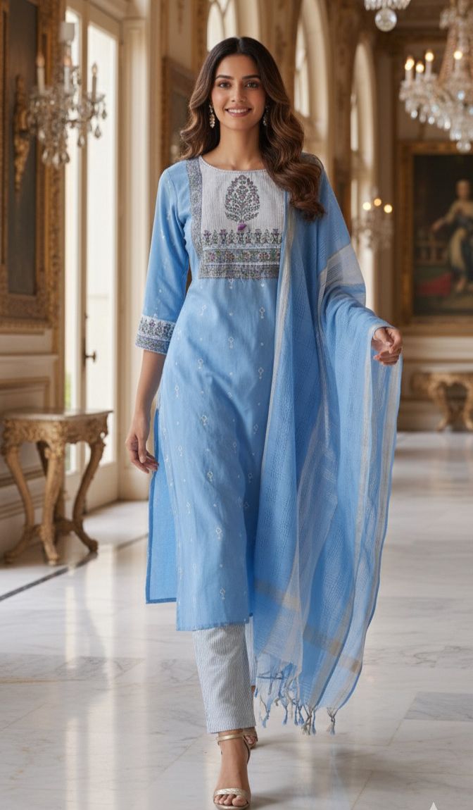 Embroidered Printed Yoke Premium Handloom Cotton Kurta Pant FullSet with Dupatta-12290,12289