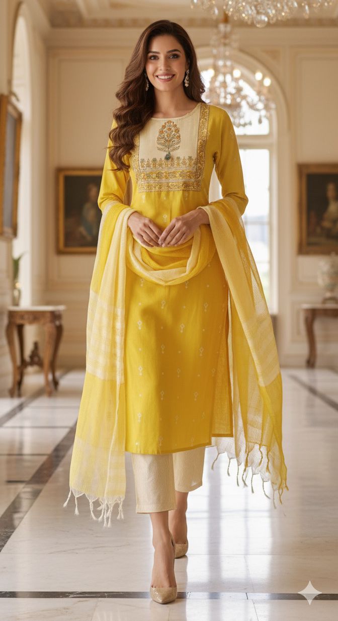 Embroidered Printed Yoke Premium Handloom Cotton Kurta Pant FullSet with Dupatta-12290,12289