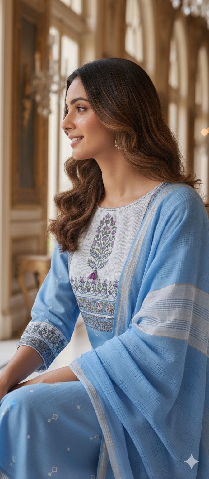 Embroidered Printed Yoke Premium Handloom Cotton Kurta Pant FullSet with Dupatta-12290,12289