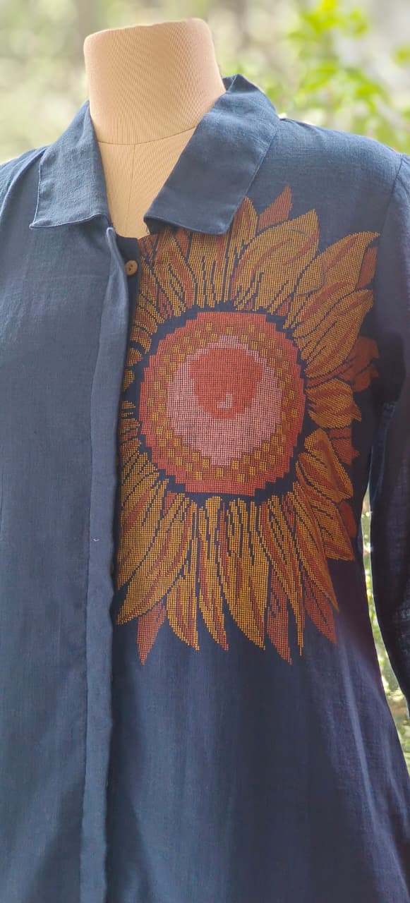 Cross Stitch Flower Print Collar Kurta With Taper Palazzo-12351,12350