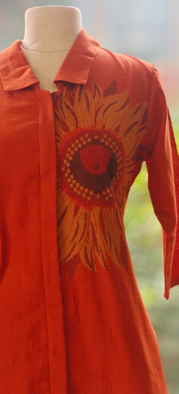 Cross Stitch Flower Print Collar Kurta With Taper Palazzo-12351,12350