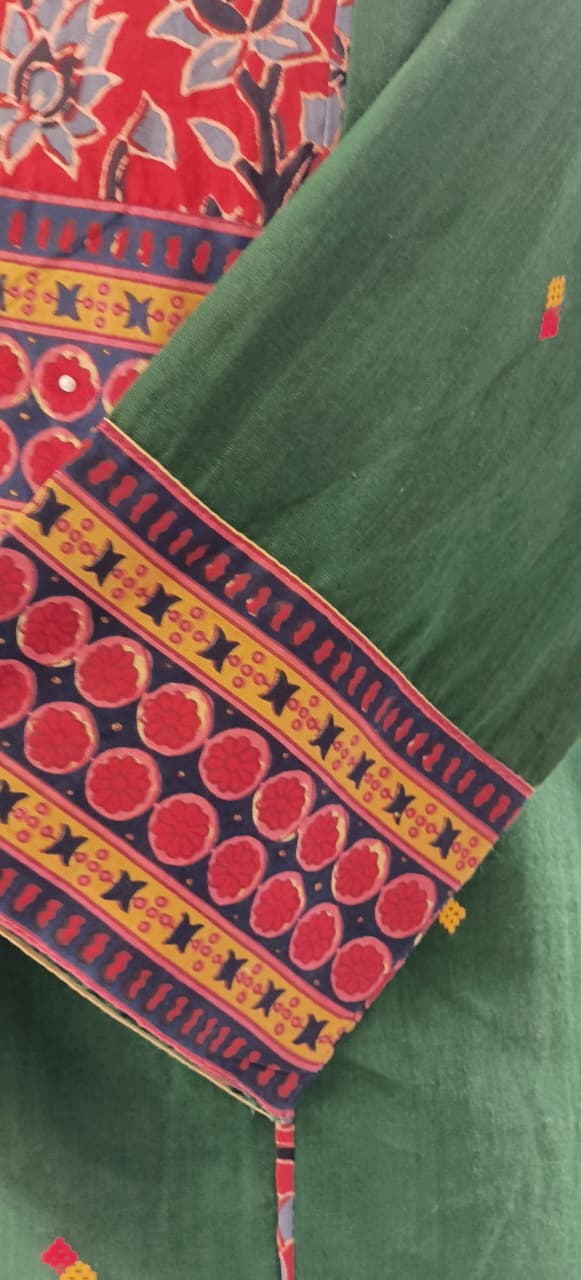 Bottel Green Thread Embroidered Neck Pure Cotton Printed Only Kurti-12278