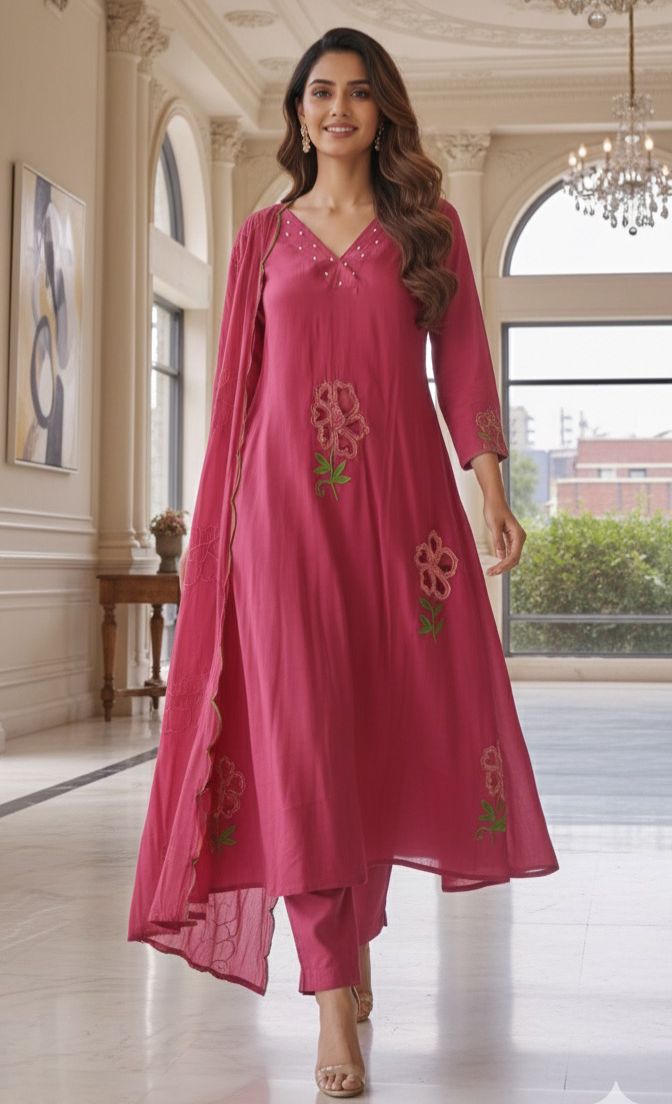 Surat Mul Chanderi Beautiful Cut Work V Neck Kurta with Bottom and Dupatta-12306,12305