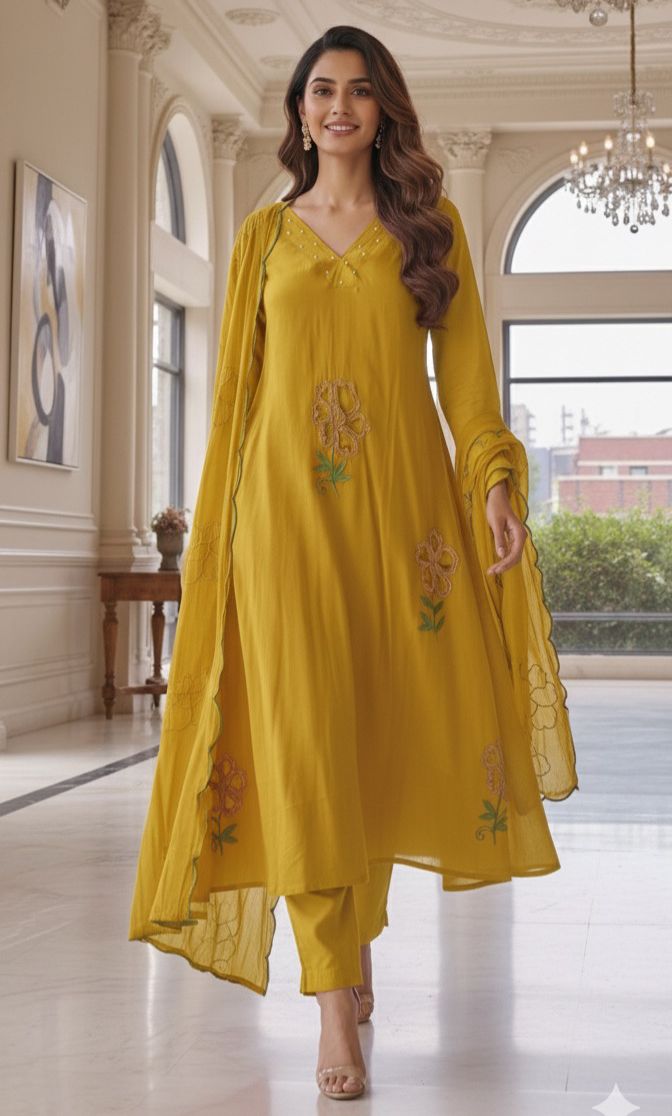 Surat Mul Chanderi Beautiful Cut Work V Neck Kurta with Bottom and Dupatta-12306,12305