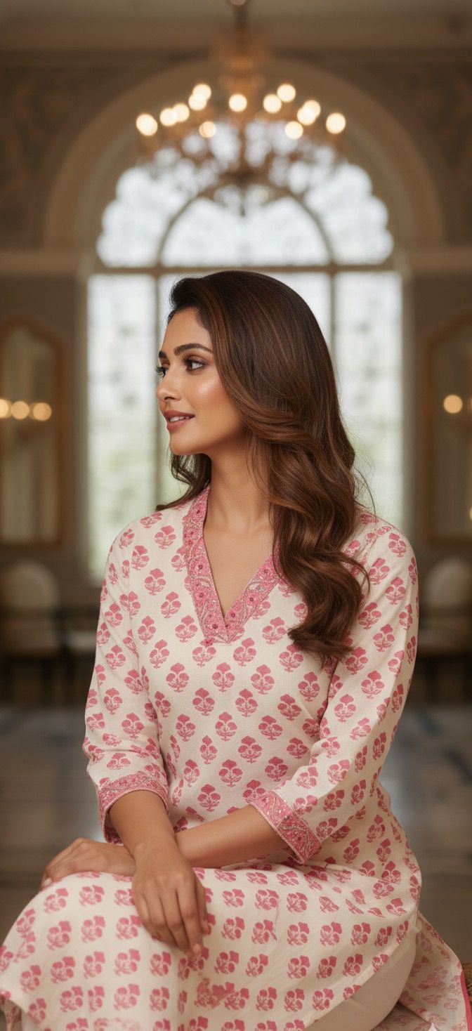 V Neck Handloom Cotton Kurta with 3/4th Sleeves, Matching Pants & Soft Cotton Ikkat Dupatta-12286