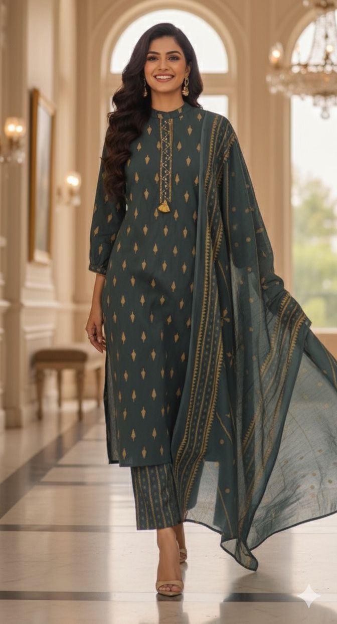 Handcrafted Cotton Kurta Set with Subtle Golden Motif Weave and Tassel Accents Full Suit Set-12326,12327
