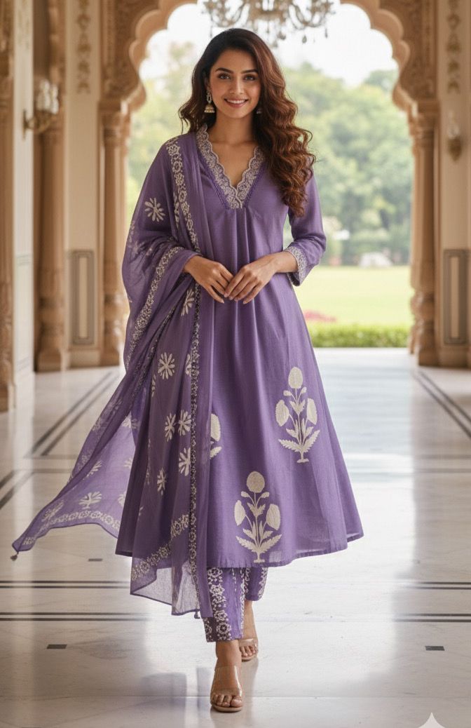 Aline Slight Elegant Cotton Embroidered Kurta Set with Lace Detailing on Neck and Sleeves-12244,12245,12246