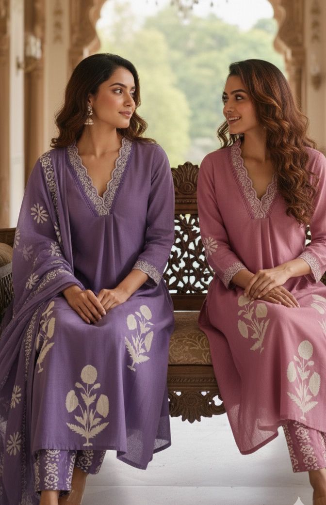 Aline Slight Elegant Cotton Embroidered Kurta Set with Lace Detailing on Neck and Sleeves-12244,12245,12246