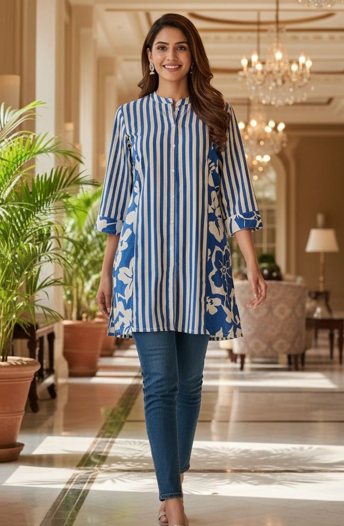 Pure Cotton Stripe with Floral Print Short Kurta-12323,