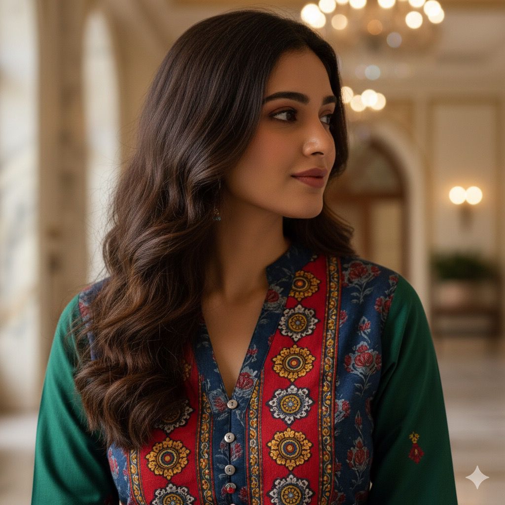 Bottel Green Thread Embroidered Neck Pure Cotton Printed Only Kurti-12278