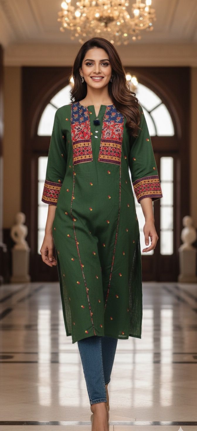 Bottel Green Thread Embroidered Neck Pure Cotton Printed Only Kurti-12278