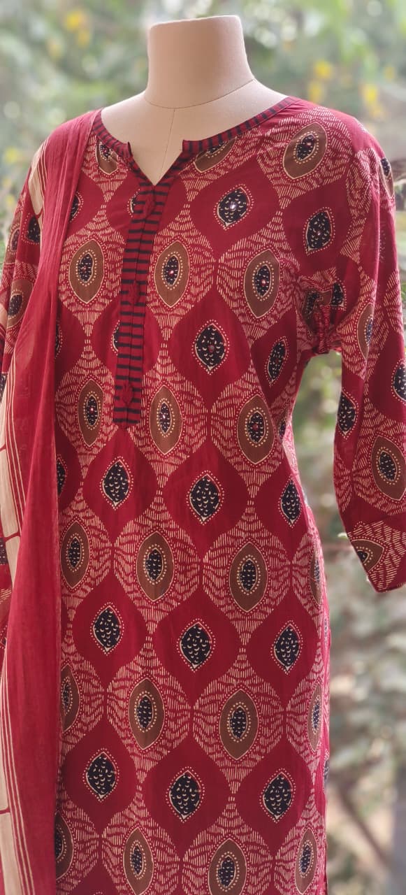 Pure Cotton Block Printed Straight Suit Set with Contrast Striped Dupatta-12242,12239