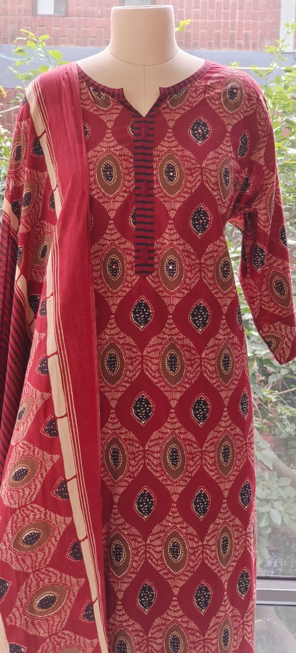 Pure Cotton Block Printed Straight Suit Set with Contrast Striped Dupatta-12242,12239