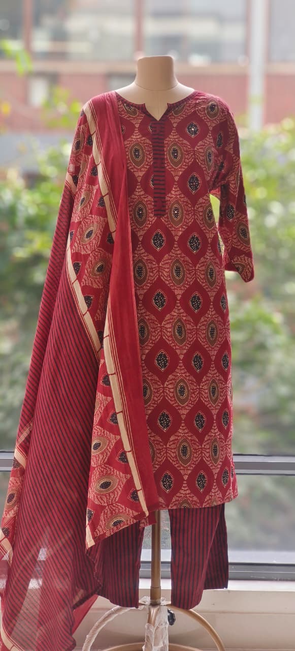 Pure Cotton Block Printed Straight Suit Set with Contrast Striped Dupatta-12242,12239