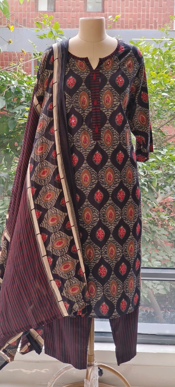 Pure Cotton Block Printed Straight Suit Set with Contrast Striped Dupatta-12242,12239