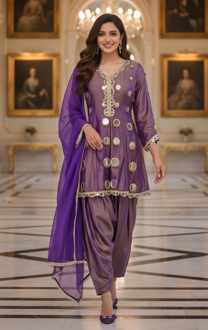 Premium Tissue Shimmer Full Suit Set Featuring Hand Embroidered Real Mirror Work, Farshi Bottom & Contrast Dupatta