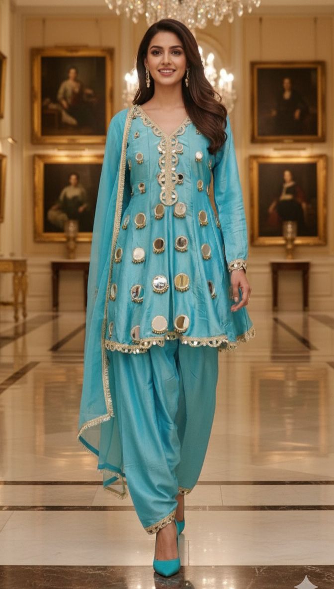 Premium Tissue Shimmer Full Suit Set Featuring Hand Embroidered Real Mirror Work, Farshi Bottom & Contrast Dupatta