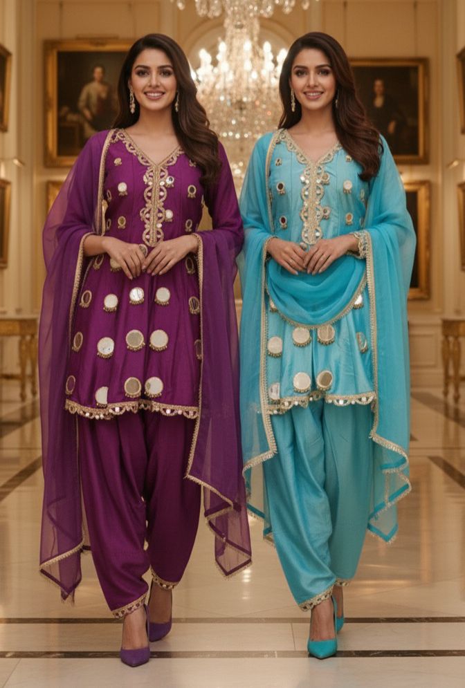 Premium Tissue Shimmer Full Suit Set Featuring Hand Embroidered Real Mirror Work, Farshi Bottom & Contrast Dupatta