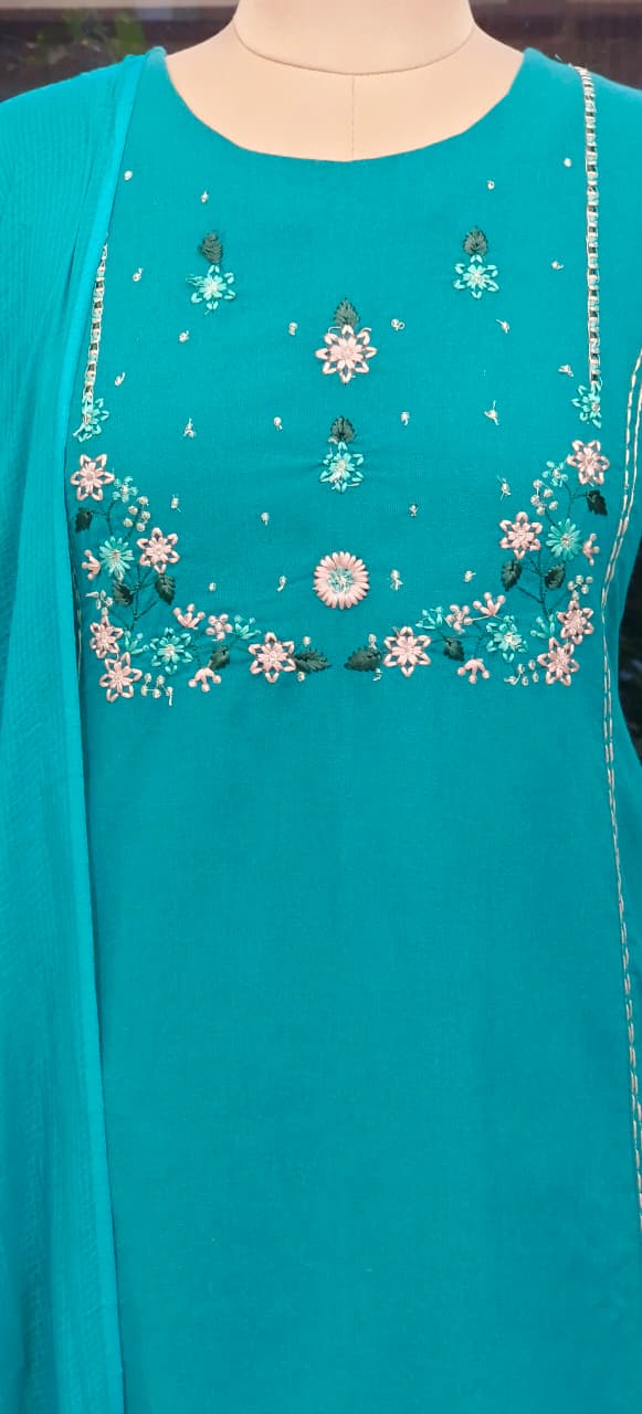 Pure Handloom Cotton Straight Kurta Set with Delicate Thread Embroidery & Matching Dupatta And Bottom-12211,12330