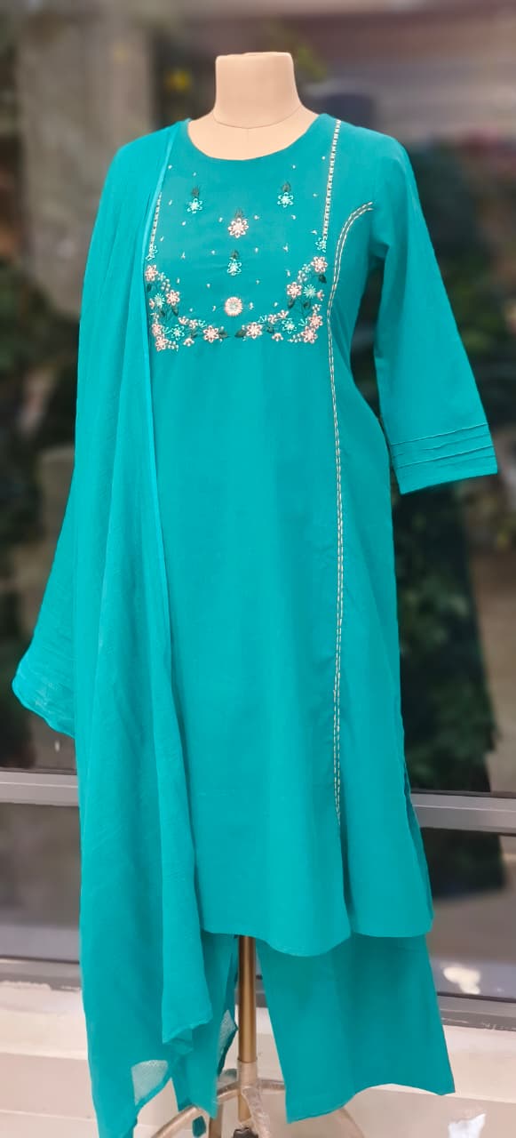 Pure Handloom Cotton Straight Kurta Set with Delicate Thread Embroidery & Matching Dupatta And Bottom-12211,12330