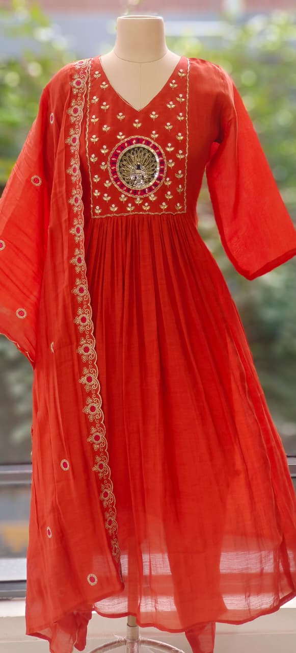 Aline Surat Mul Chanderi Beautiful Embroidered Yoke with Bottom and Dupatta-12340/12401