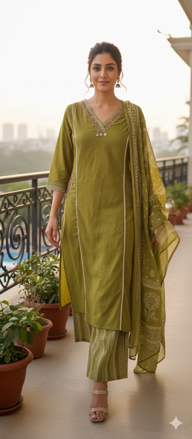 Solid Shade With Pocket Pure Cotton Full Suit Set with Foil Mirror Embroidery Work -12215-12213