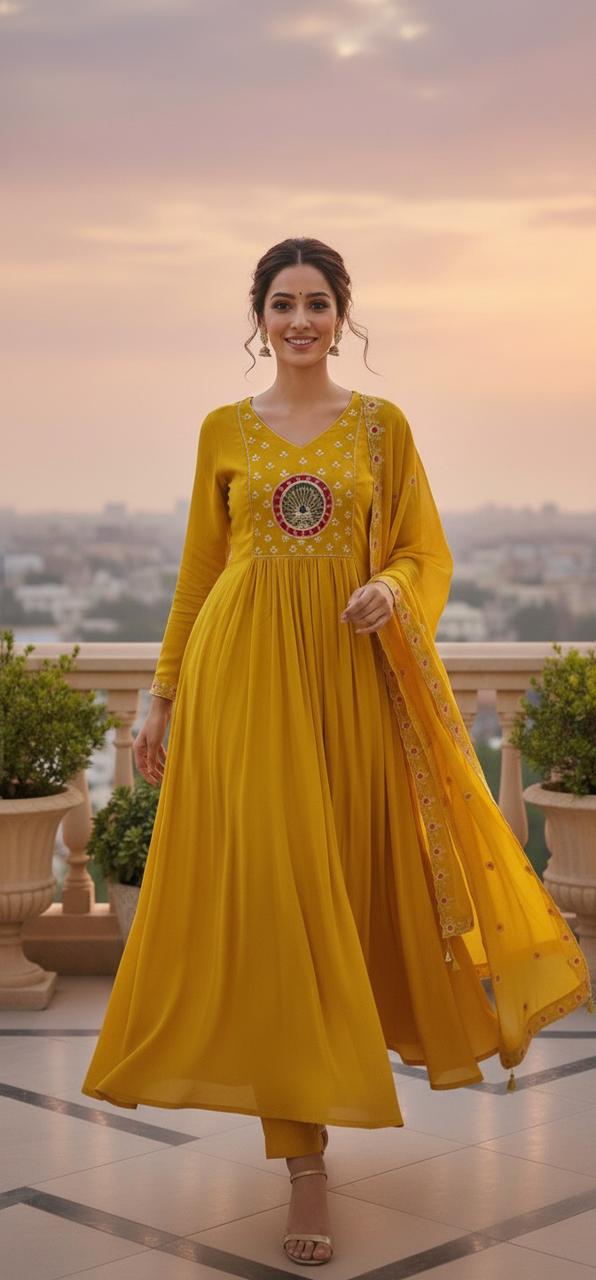 Aline Surat Mul Chanderi Beautiful Embroidered Yoke with Bottom and Dupatta-12340/12401