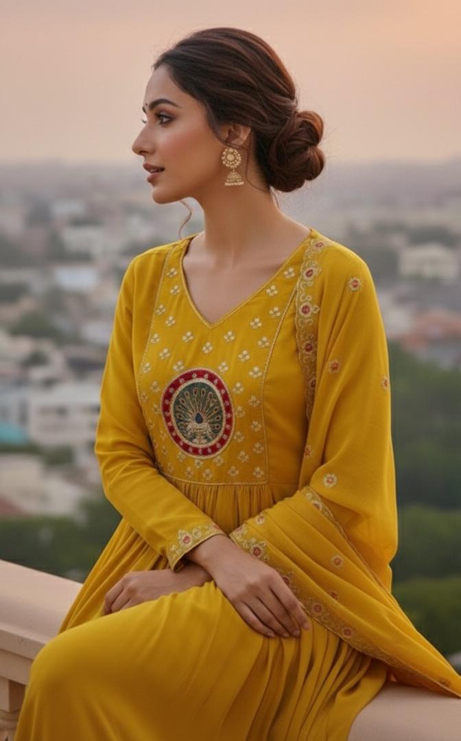 Aline Surat Mul Chanderi Beautiful Embroidered Yoke with Bottom and Dupatta-12340/12401