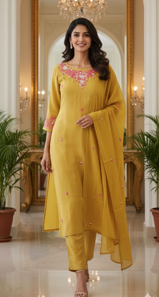 Surat Mul Chanderi Floral Embroidered Kurta Pant And Dupatta-12259,12260,12261