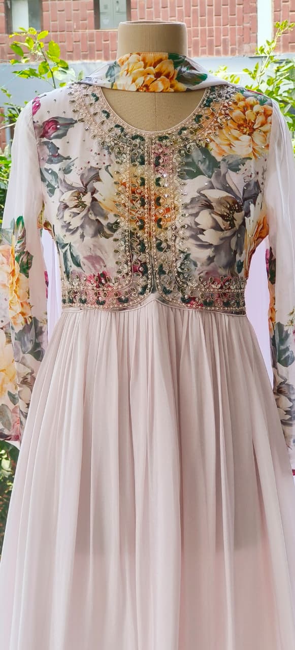 Beautiful Chinon Floral Print long Gown with Chokar Dupatta
