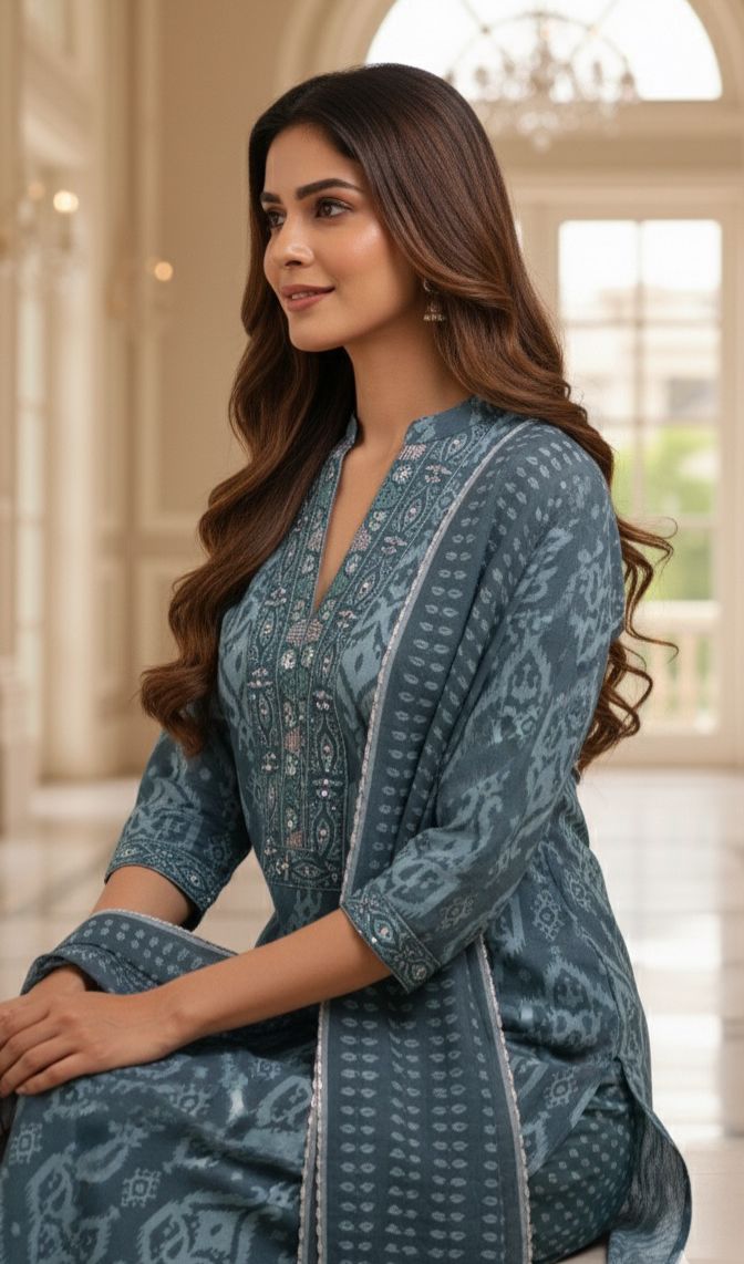 Printed Ajrakh Inspired Cotton Suit Set with Handblock Dupatta-12303,12302