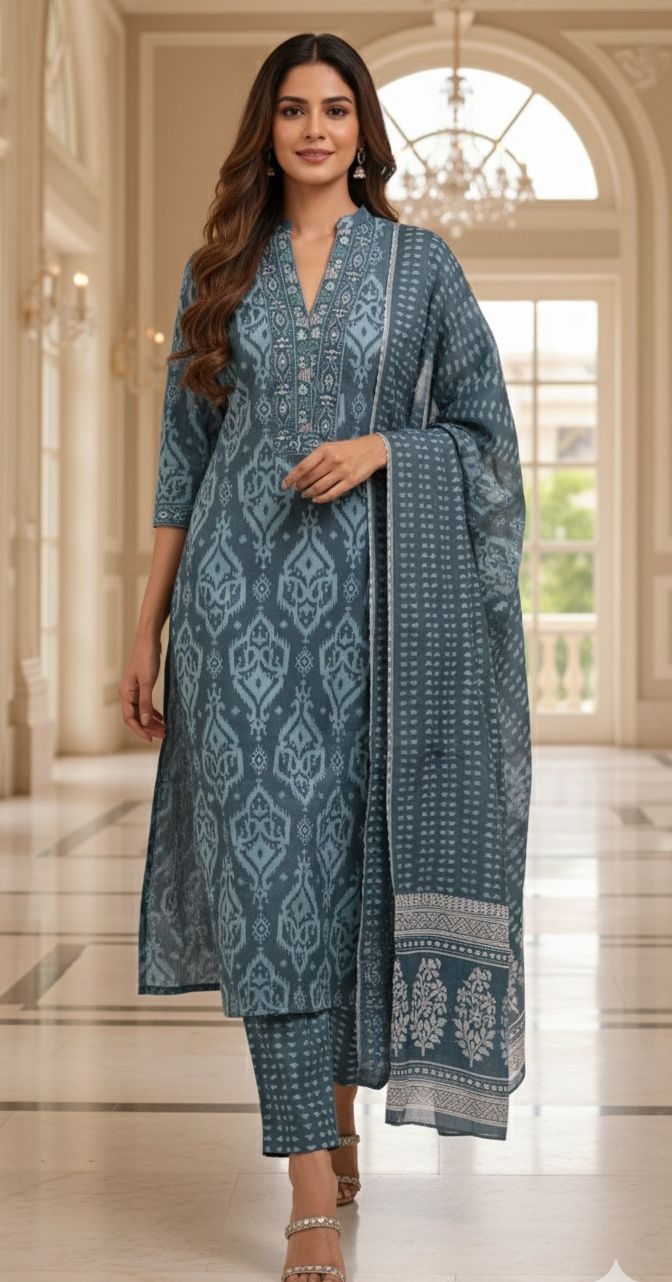 Printed Ajrakh Inspired Cotton Suit Set with Handblock Dupatta-12303,12302