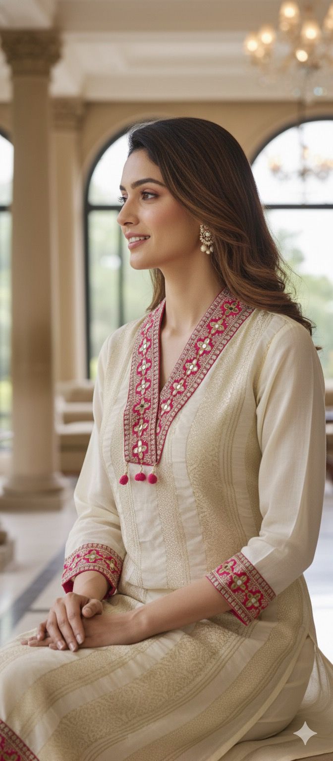 Luxury Pure Silk Cream Suit Set with Intricate Pink Thread Embroidery Pompom Detailed Dupatta-12268
